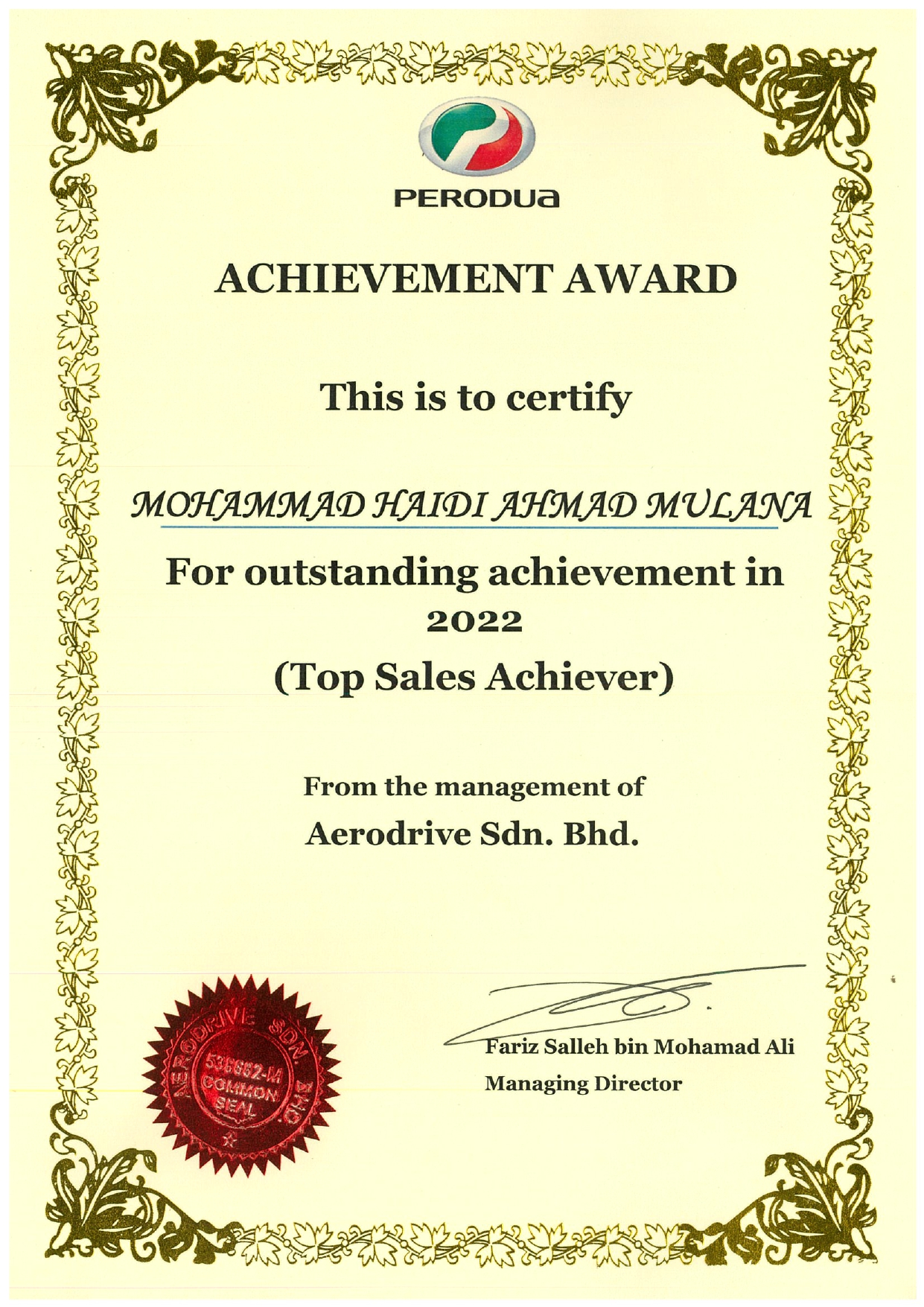 Outstanding Achievement 2022 - Mohd Haidi Perodua